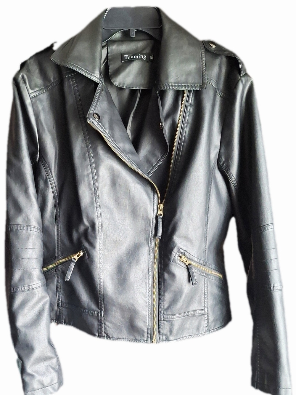 Tanming Women's Black Faux Leather Moto Biker Jacket Brushed Gold Accents